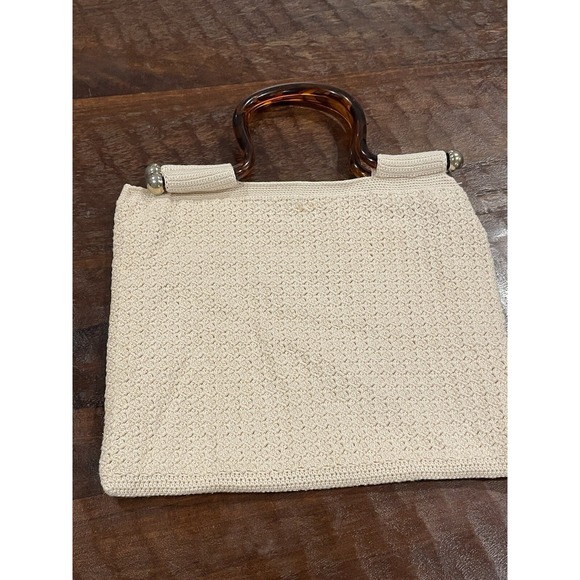 Vintage Crochet Purse Handbag Ivory Knit Brown Tortoise Lucite Handles Lined - Picture 4 of 10